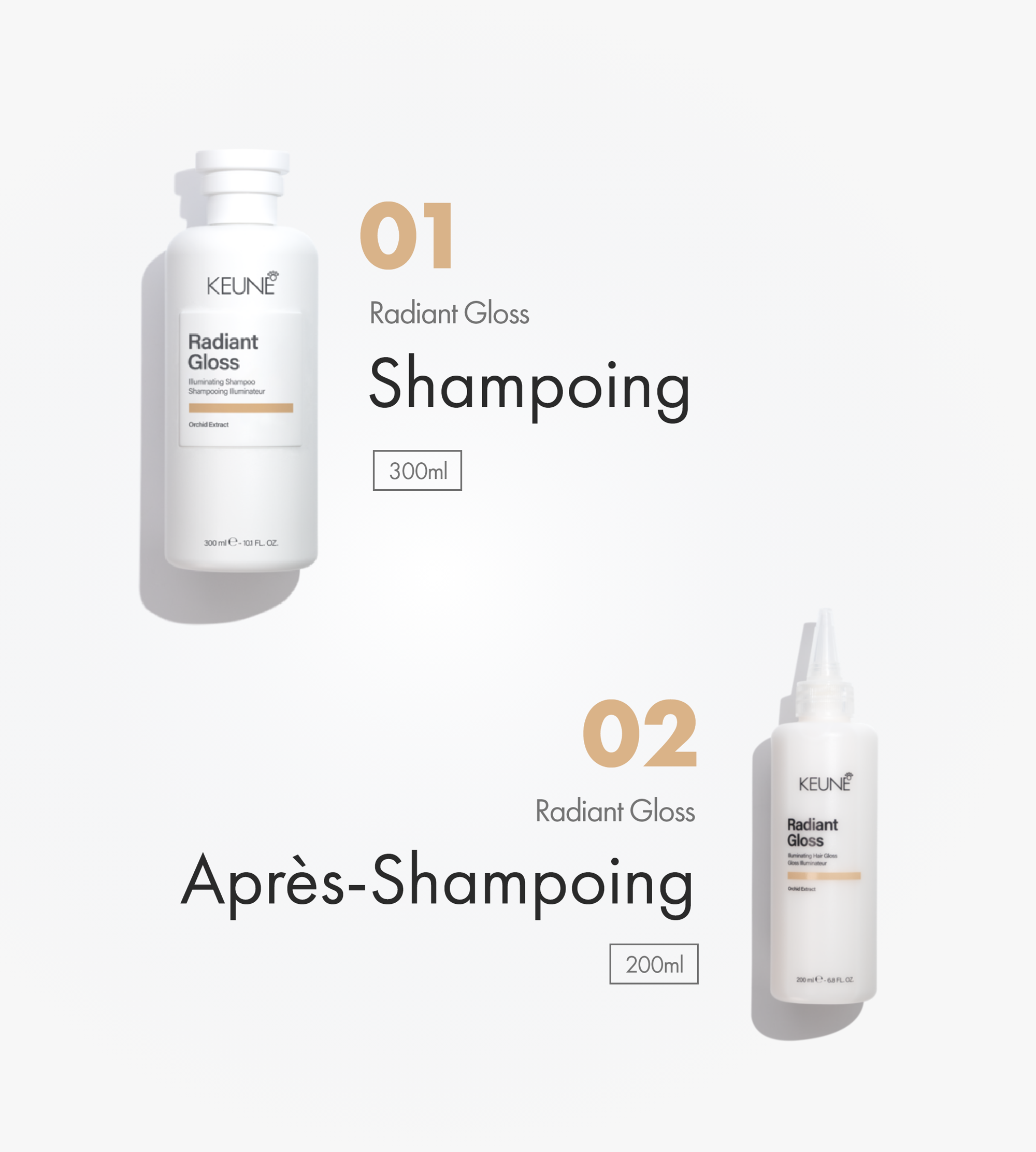  Transformez les cheveux ternes avec 3x la brillance pour une beauté naturelle. Découvrez Keune Radiant Gloss Shampooing, Après-shampooing et Masque.