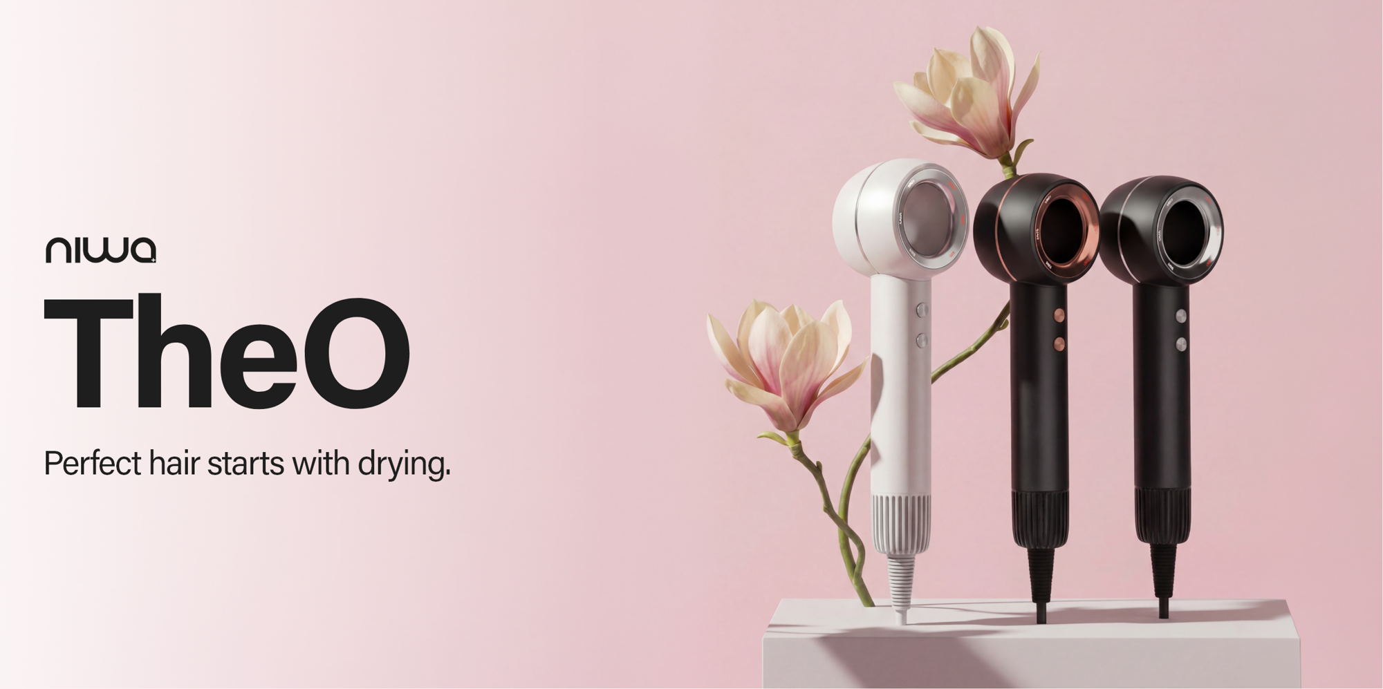 Niwa theO Grey hair dryer with 110,000 RPM for fast drying and innovative technology for smooth, shiny hair.