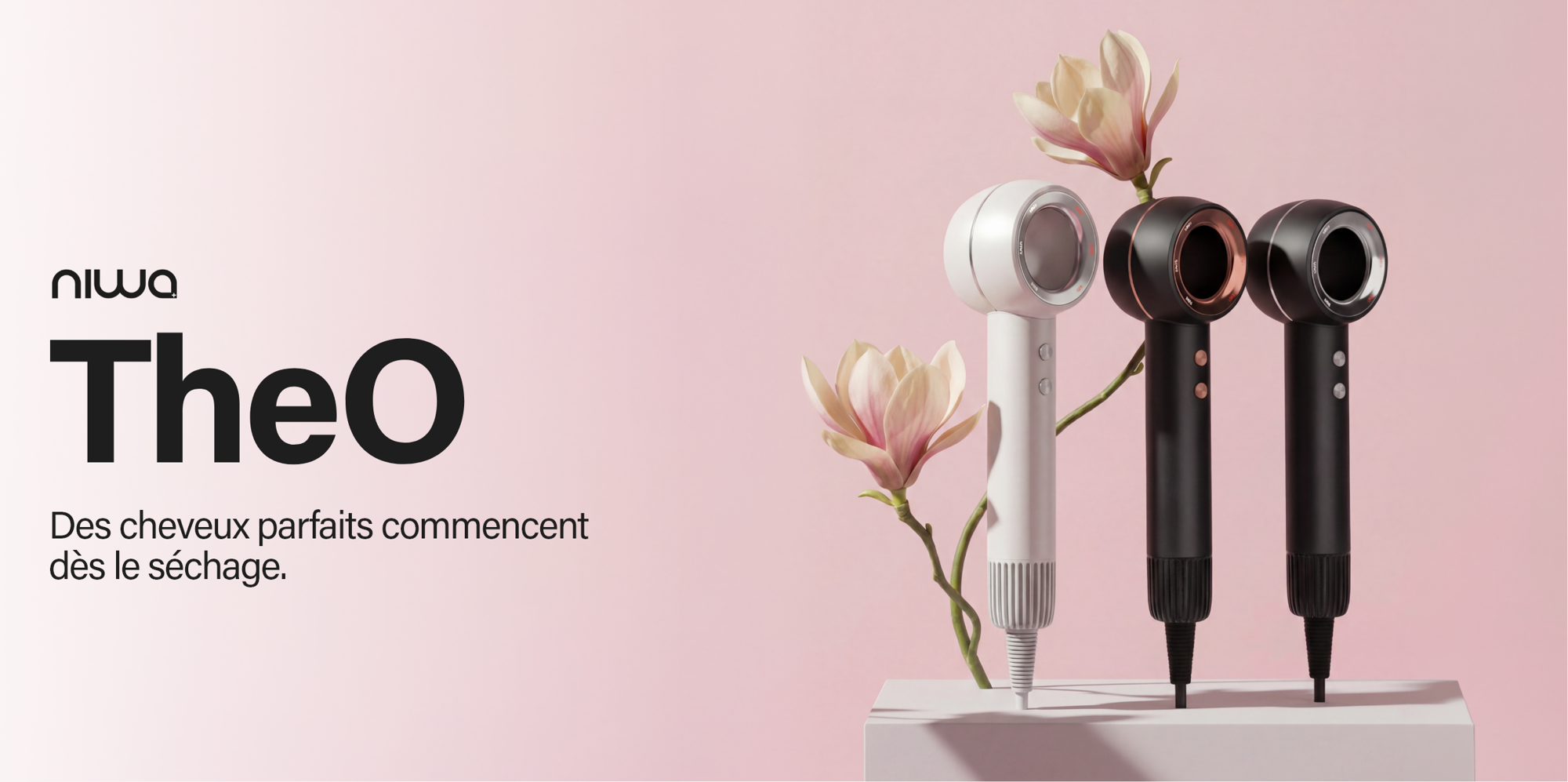 Sèche-cheveux Niwa theO Gris avec 110 000 tours/min pour un séchage rapide et technologie innovante pour des cheveux lisses et brillants.