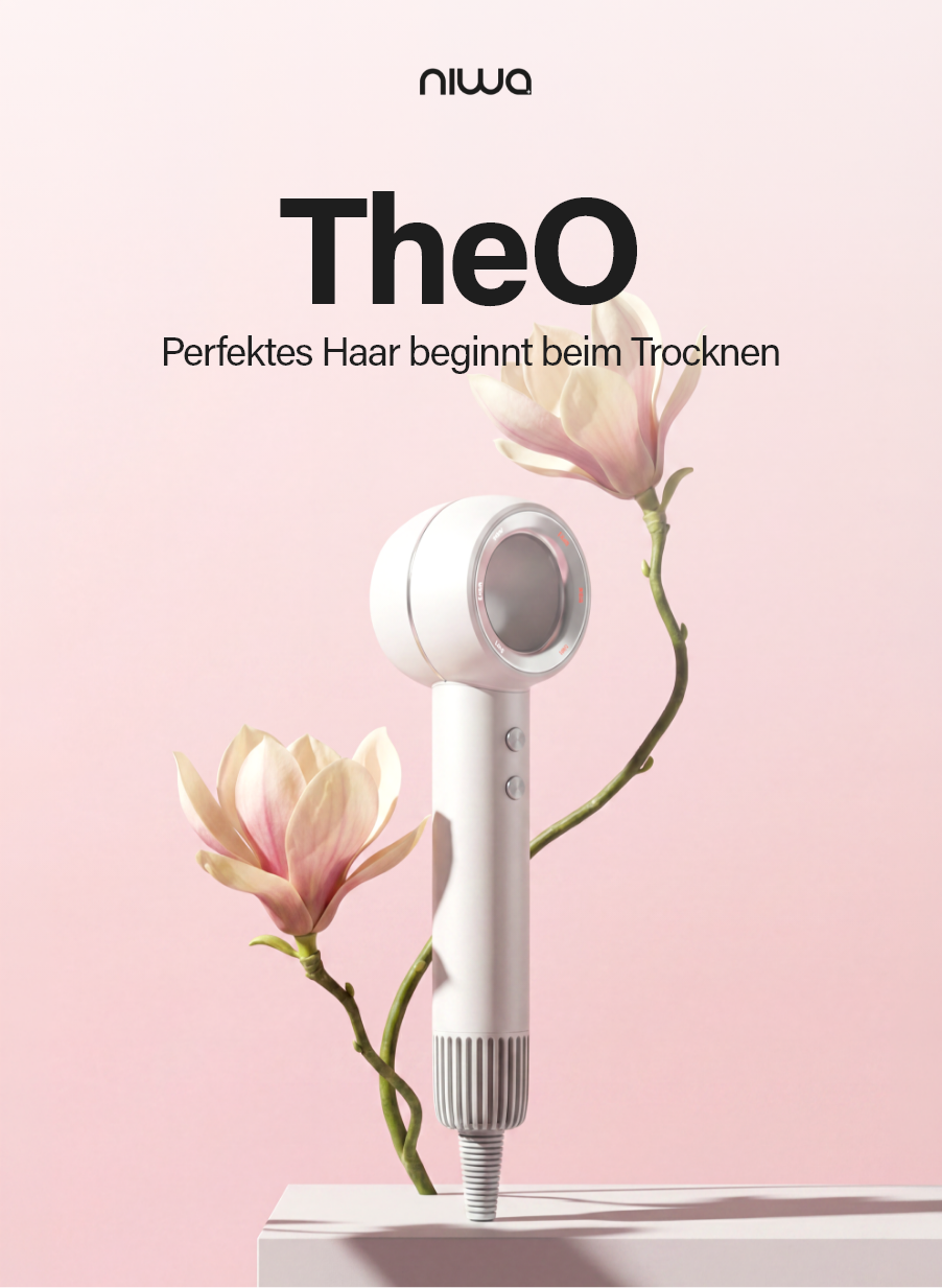 Der Niwa theO Haartrockner sorgt mit ANION-TECHNOLOGIE und ultraleichtem Design für glattes, frizz-freies Haar.