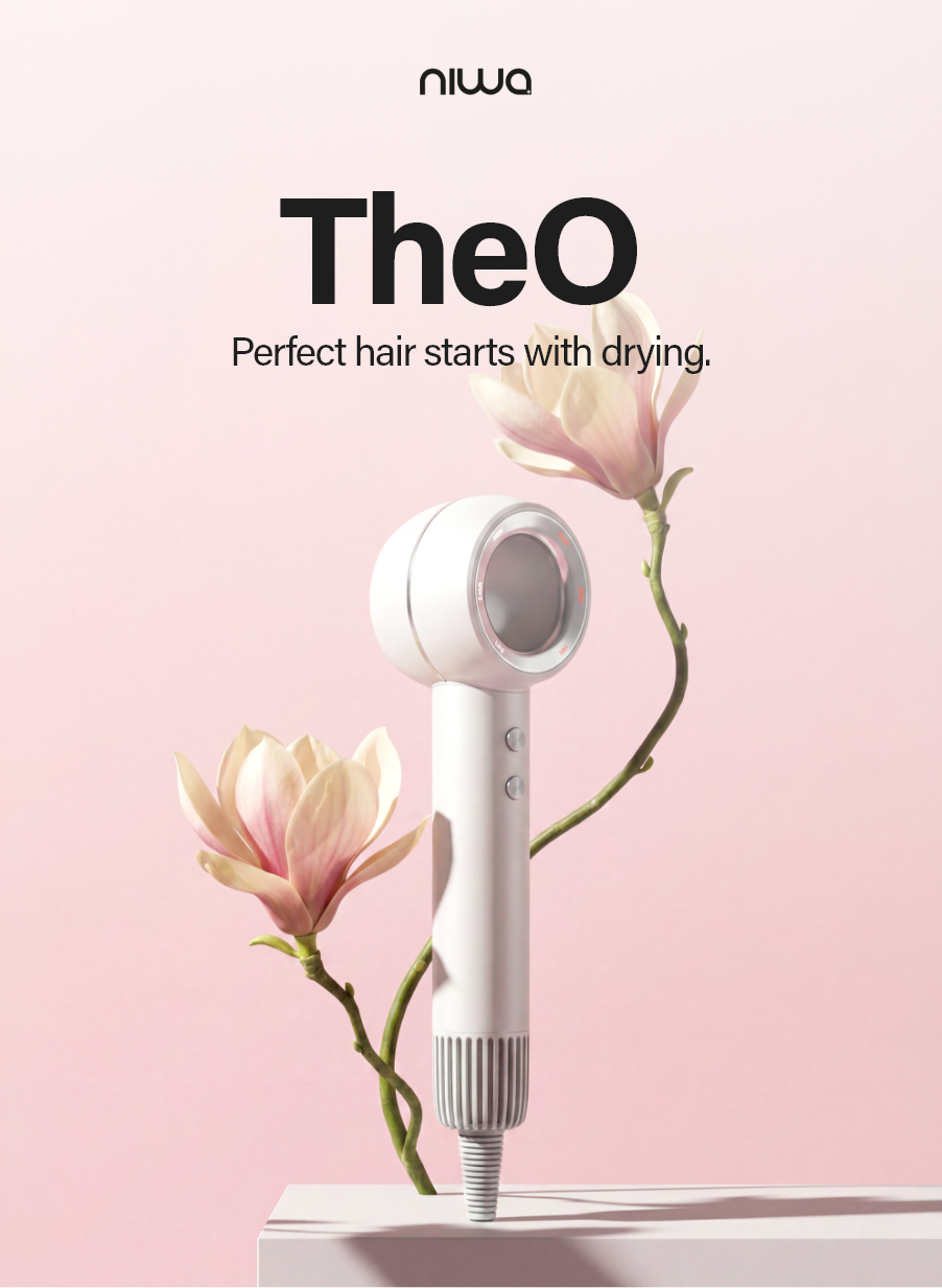Niwa theO Grey, lightweight and powerful, with magnetic nozzles and long cord for tangle-free, effortless styling.
