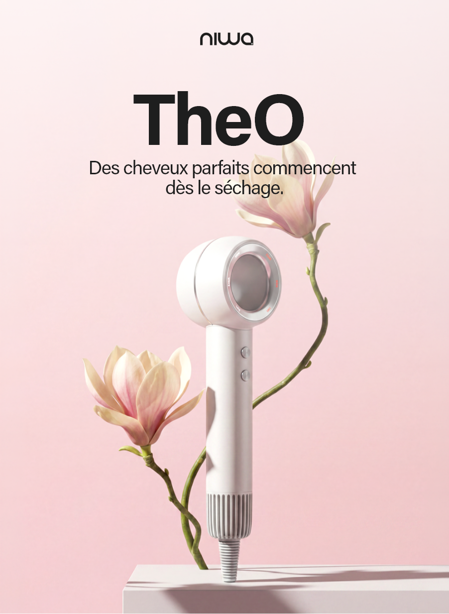 Niwa theO Gris, léger et puissant, équipé de buses magnétiques et d'un long câble pour un coiffage facile sans enchevêtrement.