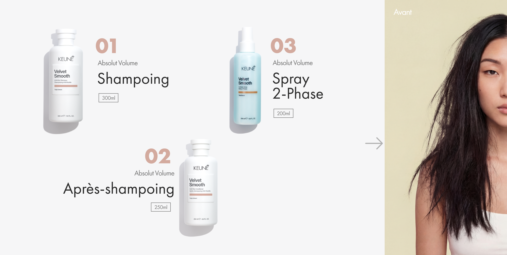 Obtenez des cheveux sans frisottis avec le shampooing, l'après-shampooing et le masque capillaire Keune Velvet Smooth