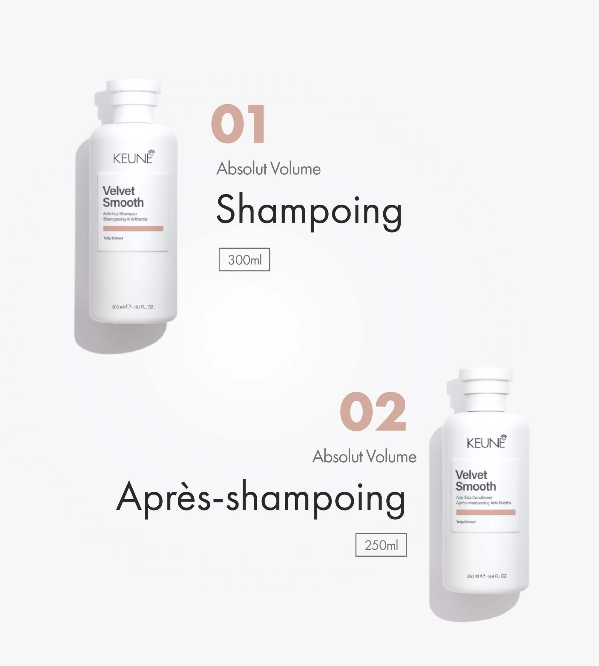 Obtenez des cheveux sans frisottis avec le shampooing, l'après-shampooing et le masque capillaire Keune Velvet Smooth